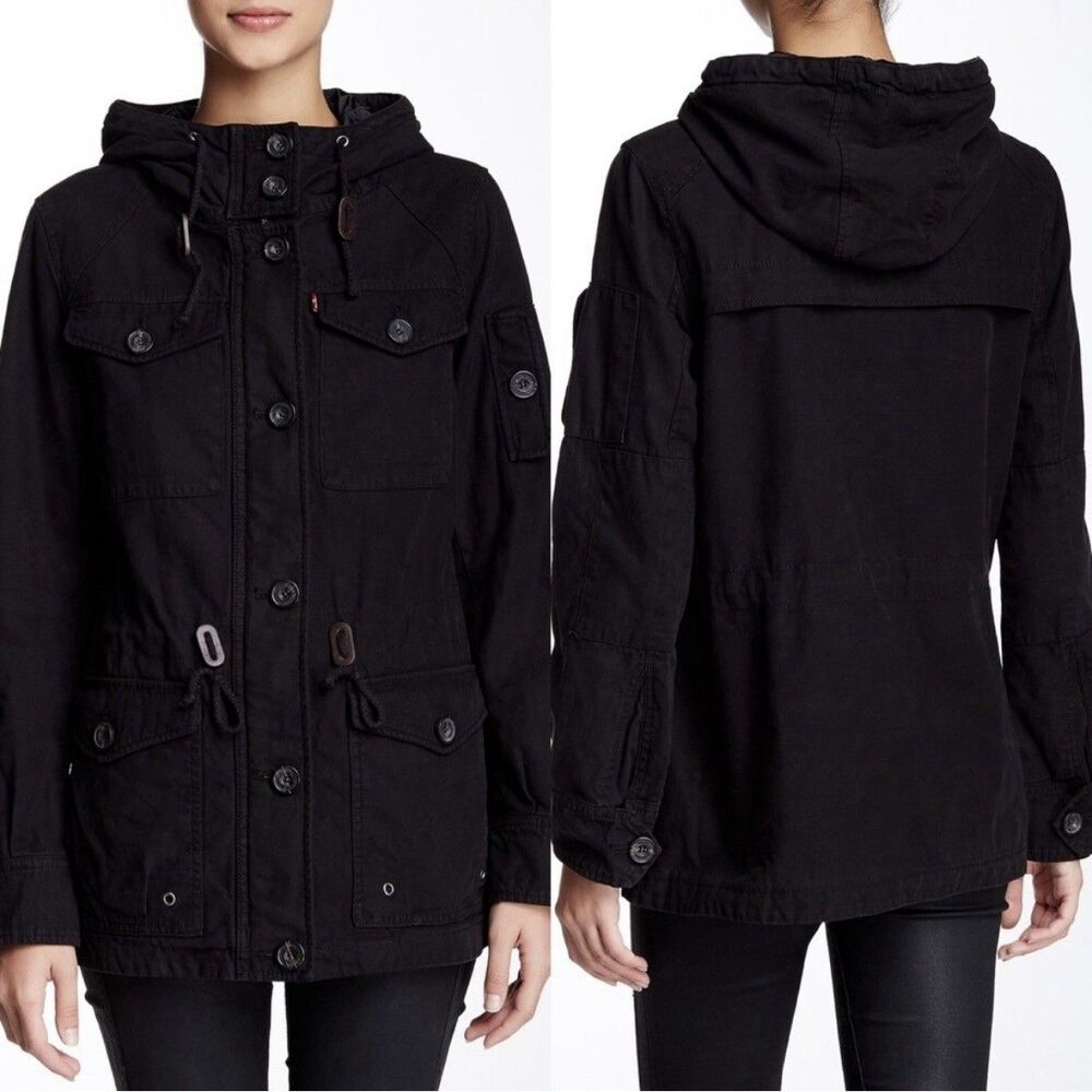 New Levi's Women's 1X Cotton Hooded Field Jacket Military Black LW7WC337 Outdoor